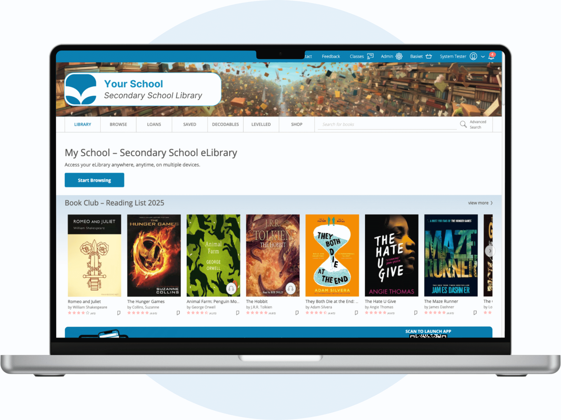 Secondary school digital library screen showing popular titles like Hunger Games, The Hobbit, and Romeo and Juliet.