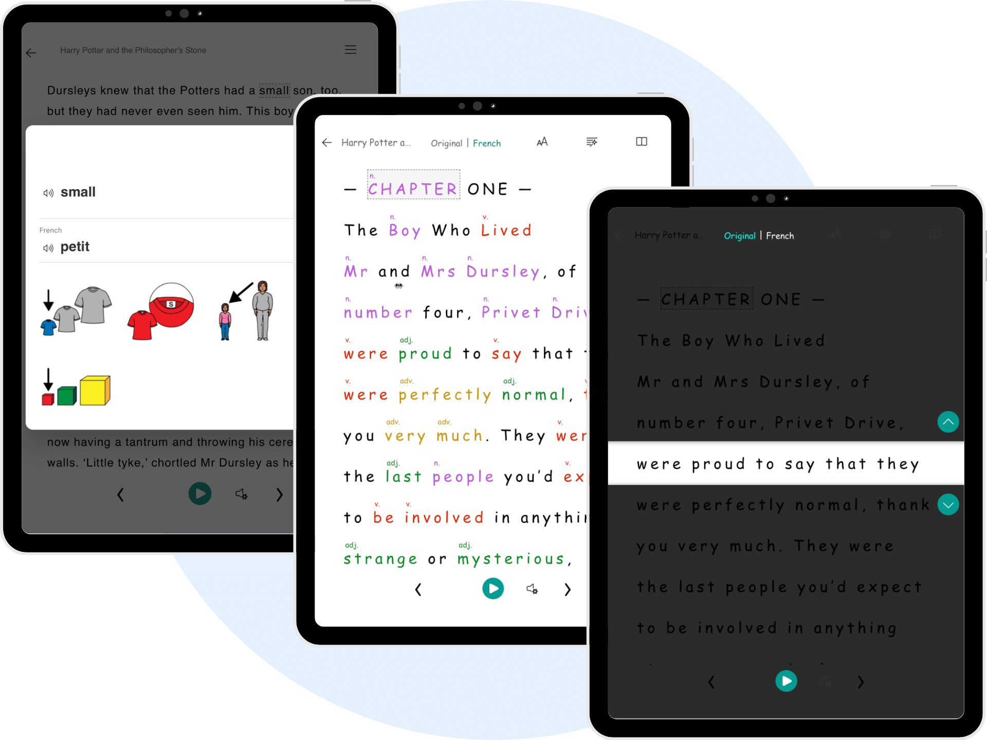 The immersive reader features a picture dictionary, sentence structure, line focus and more