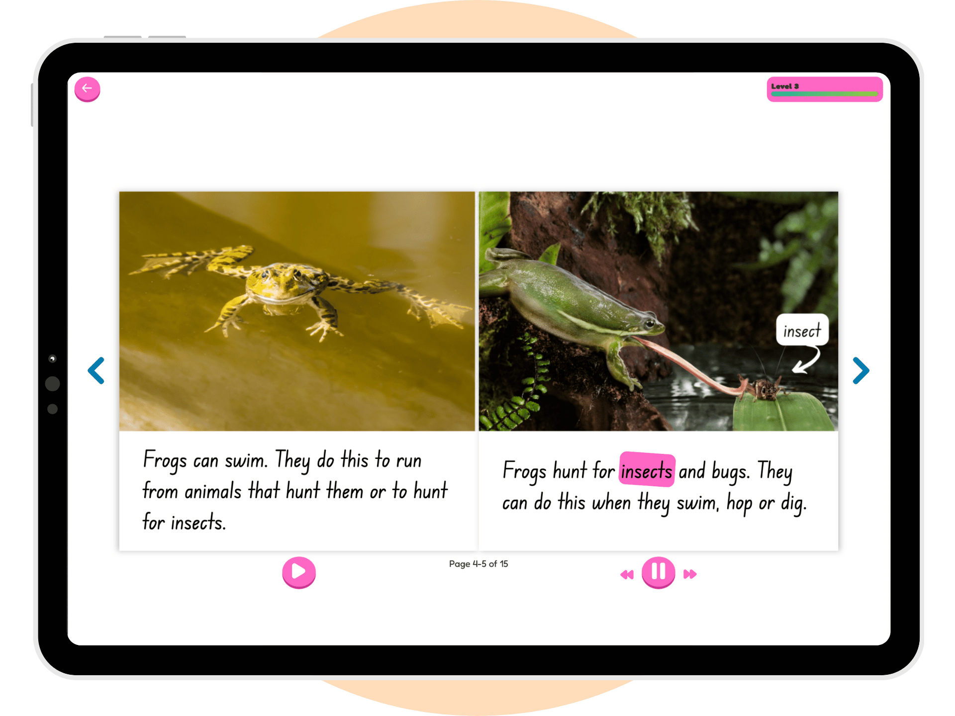 Tablet view of a SuperLit Readers book showing voiceover read-along feature with synced word highlighting on an illustrated page about frogs.