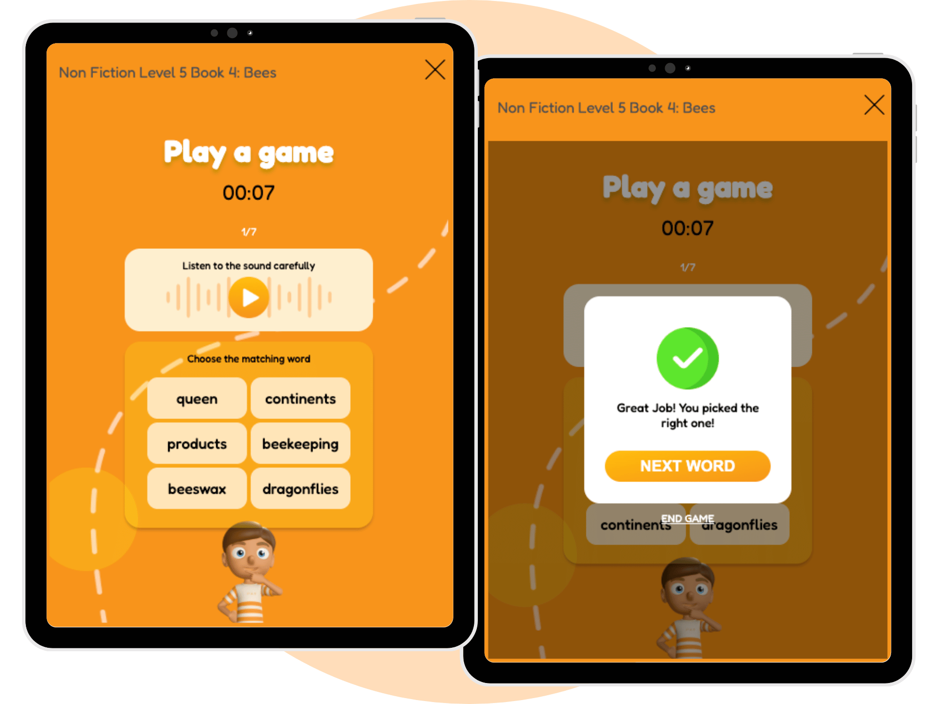 Tablet screenshots of SuperLit Readers phonics games where students match spoken sounds to written words, with instant feedback.