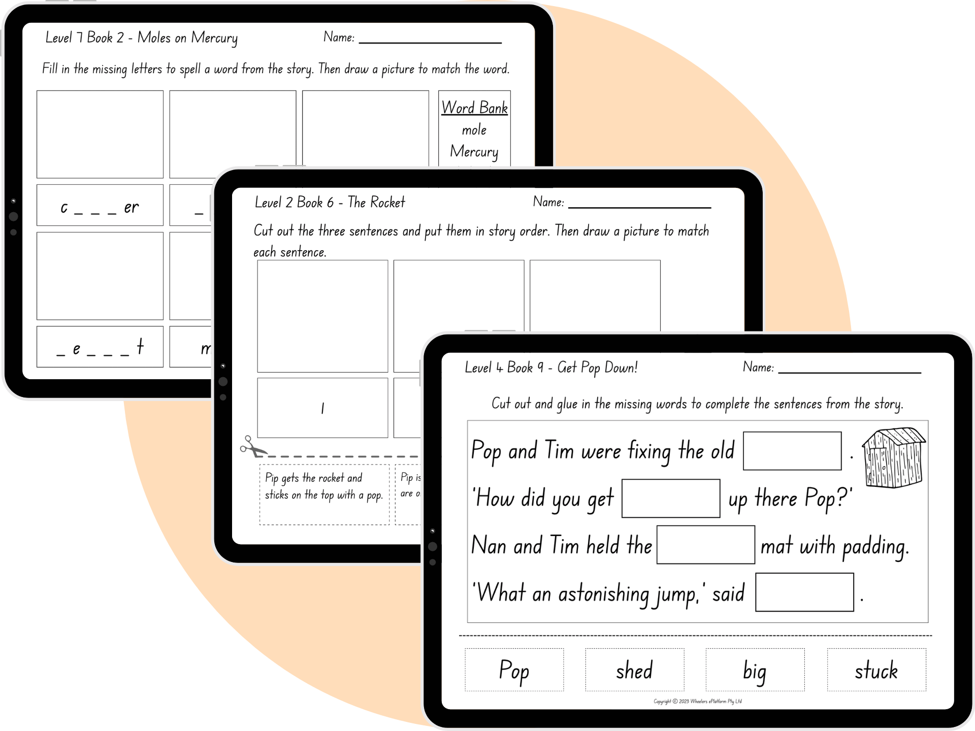Tablet view of SuperLit Readers printable worksheets showing sentence building, spelling, and drawing activities aligned with decodable books.