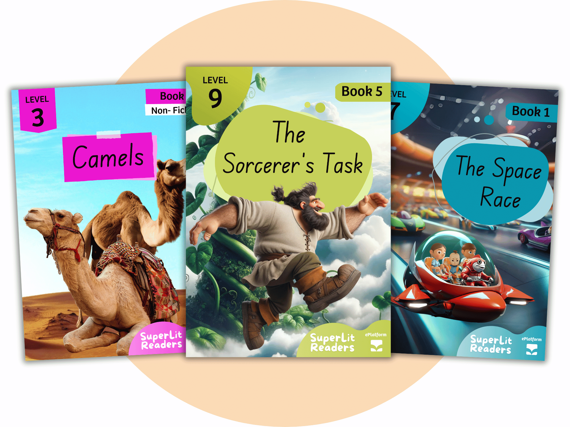 Three printed SuperLit decodable book covers: Camels, The Sorcerer's Task, and The Space Race, displayed against a peach background.