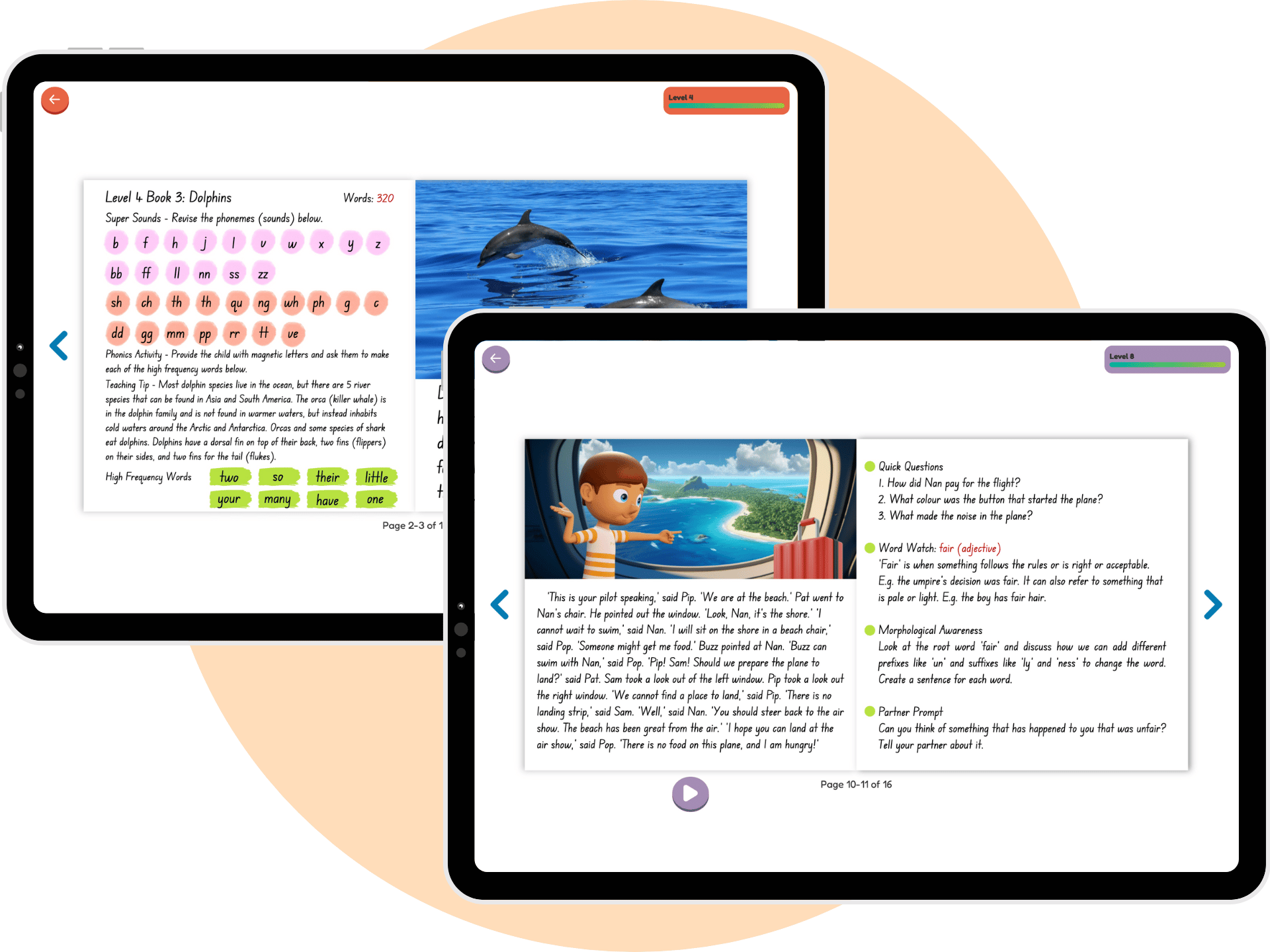 Tablet view of a SuperLit Readers book displaying pre-reading and post-reading pages with phonics activities, questions, and vocabulary tasks.