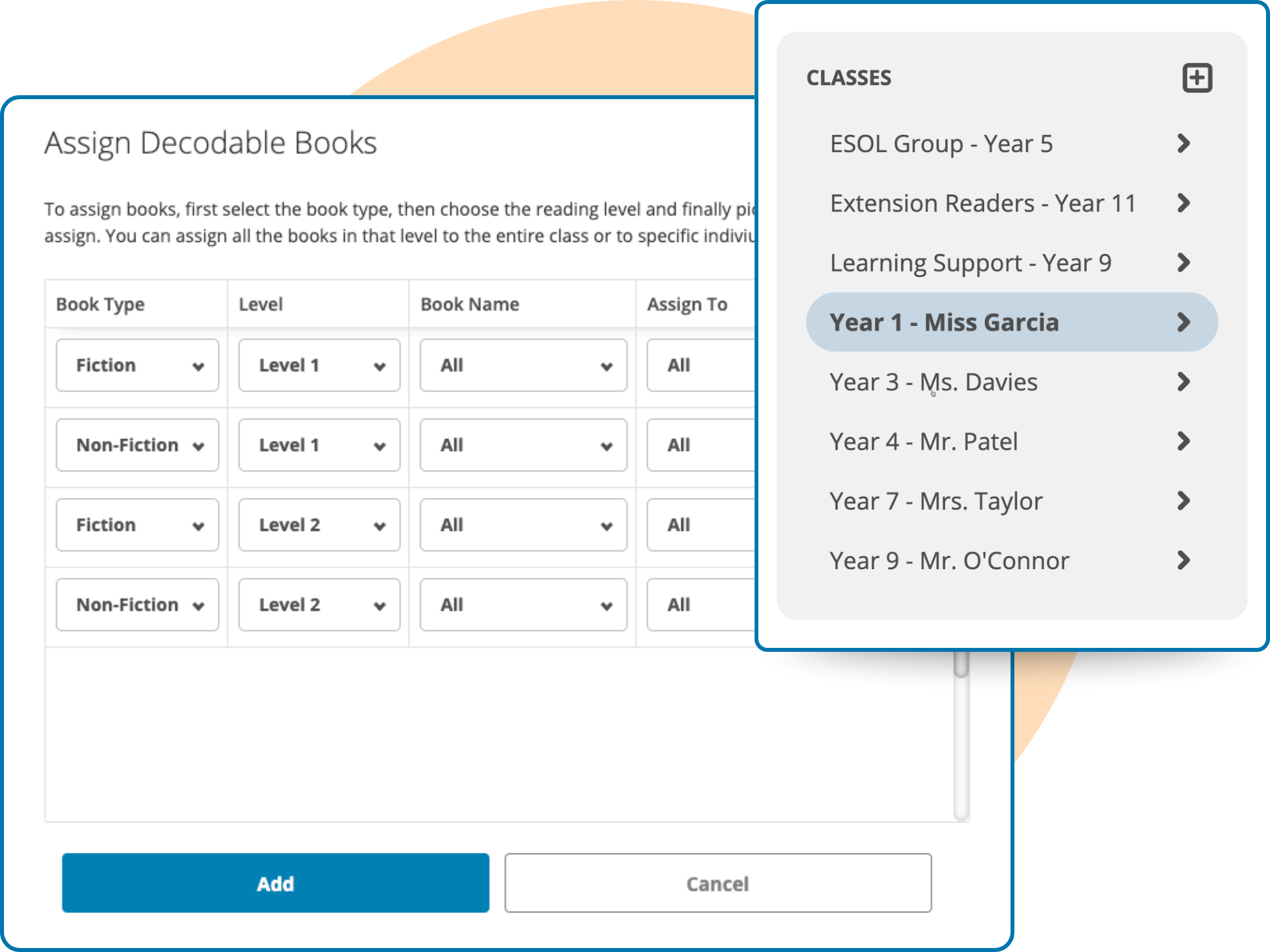 Screenshot of the ePlatform interface showing the Assign Decodable Books tool, with options to assign by level, type, and class group.