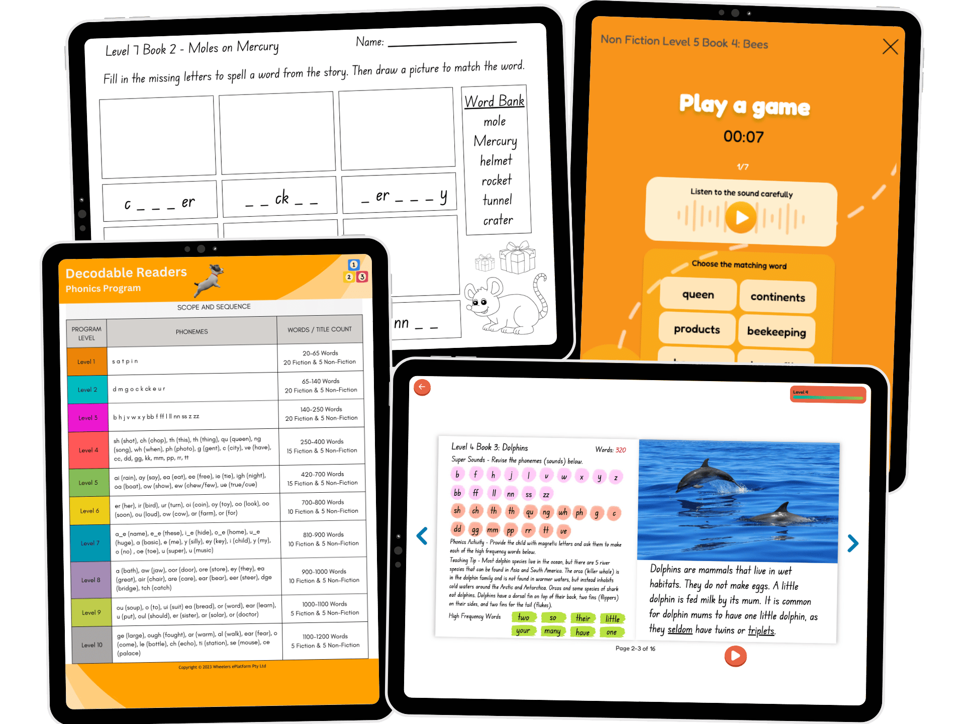 Collage of four tablet screens showing features from the SuperLit Readers program, including a phonics worksheet, digital game, scope and sequence chart, and an interactive decodable book.