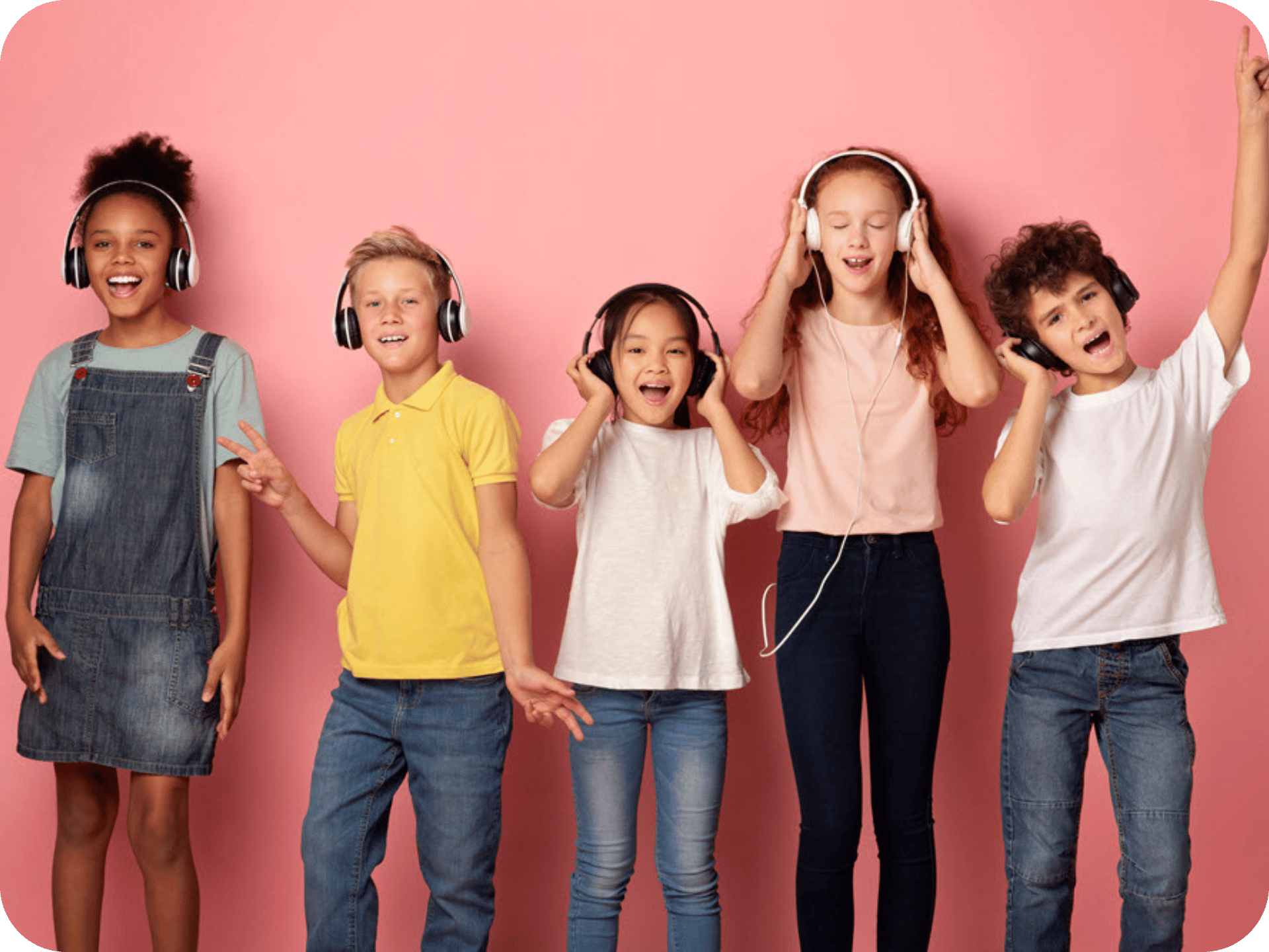 Group of diverse students wearing headphones, listening to audiobooks, and smiling in front of a pink background.