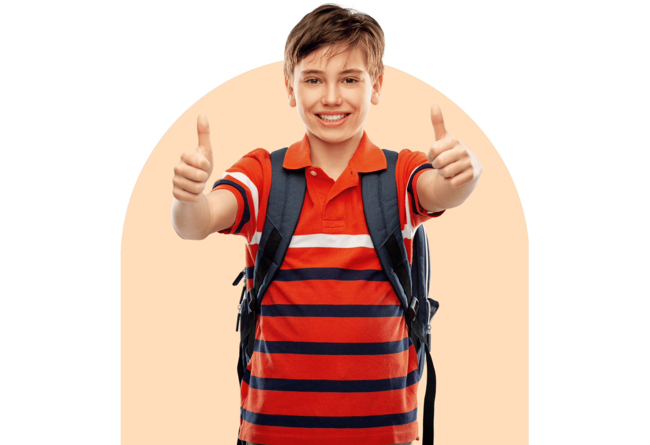 Smiling student in striped shirt giving a double thumbs up with a backpack on