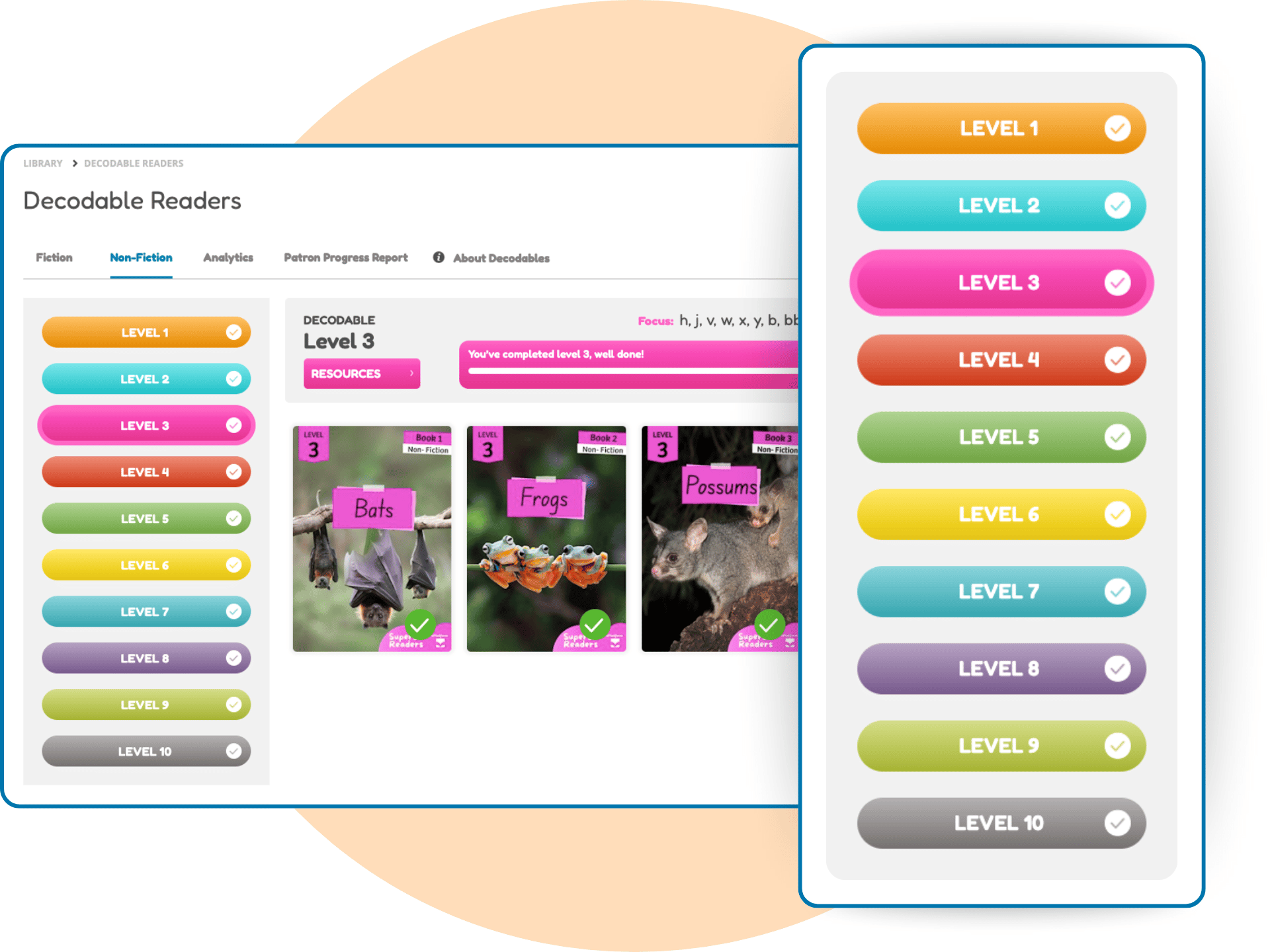 Non-fiction Decodable Readers dashboard showing Level 3 books and reading level progress.