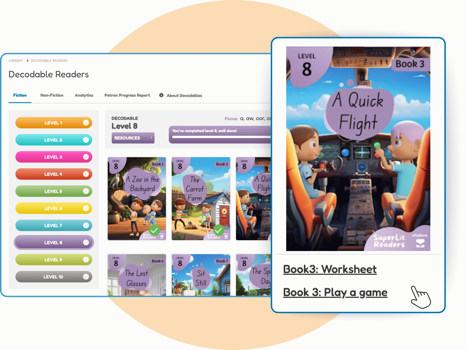 ePlatform Decodable Readers interface showing Level 8 books with links to worksheet and game.