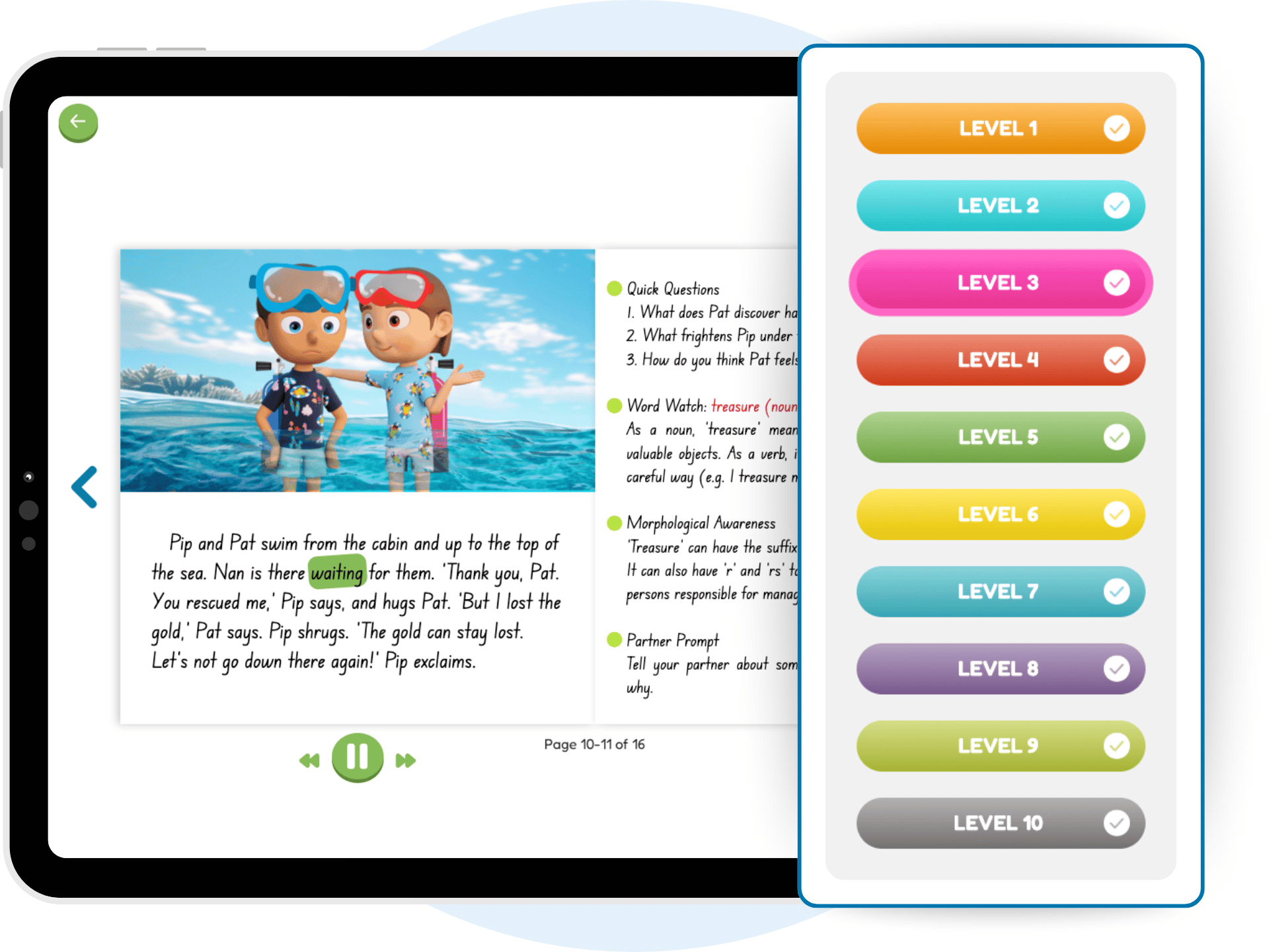 SuperLit Readers phonics book displayed on a tablet with colourful reading levels and comprehension tools for early literacy
