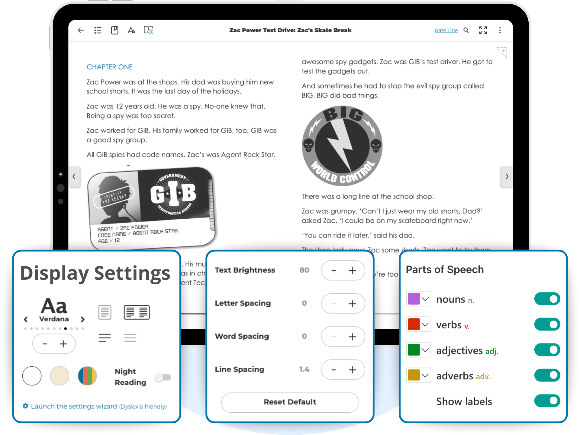eBook interface showing ePlatform’s student display tools including font and spacing adjustments, parts of speech highlighting, and dyslexia-friendly settings