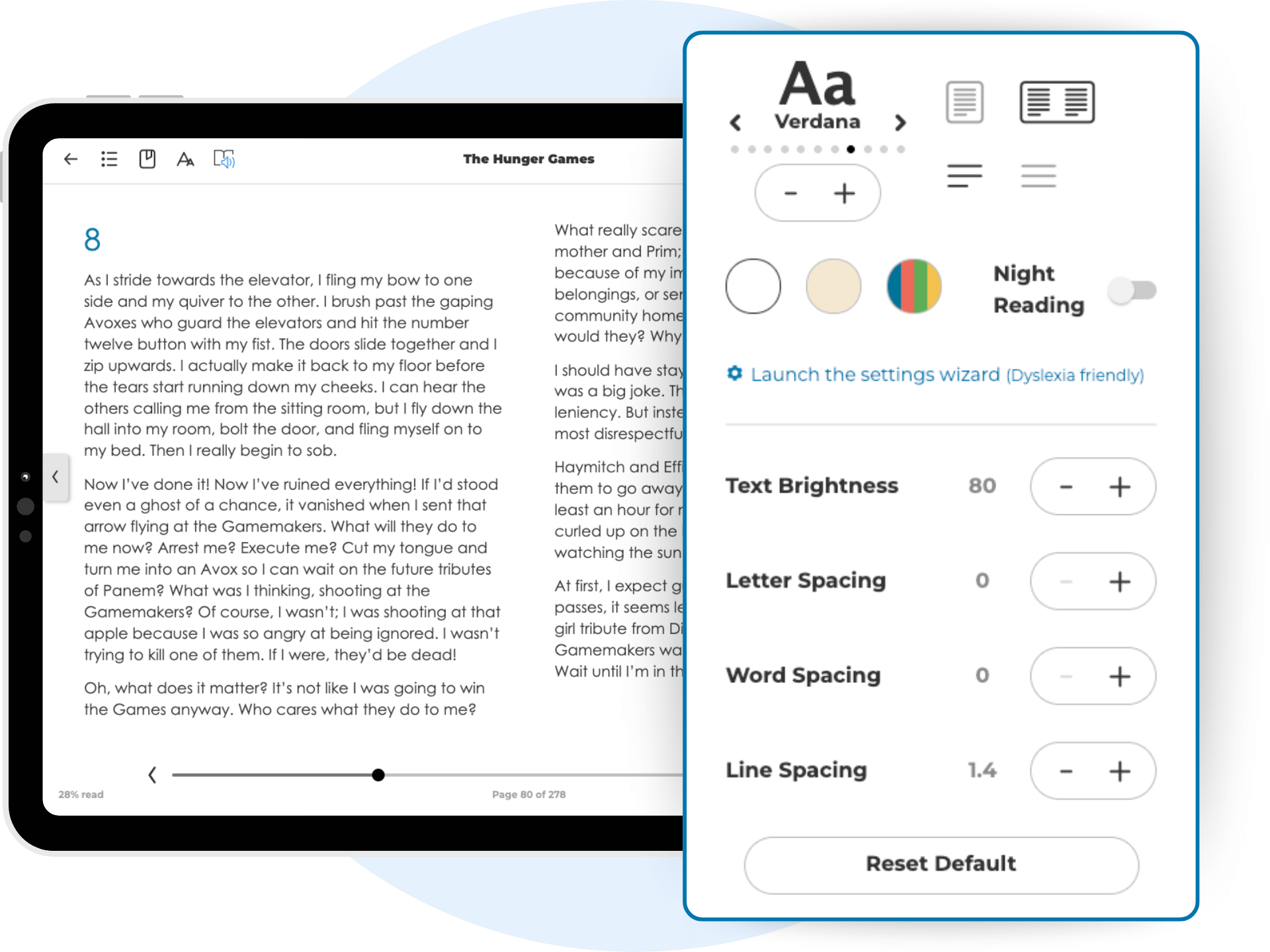 eBook view of The Hunger Games in ePlatform showing customisable display settings like font, colour themes, and brightness — including a dyslexia-friendly reading mode.
