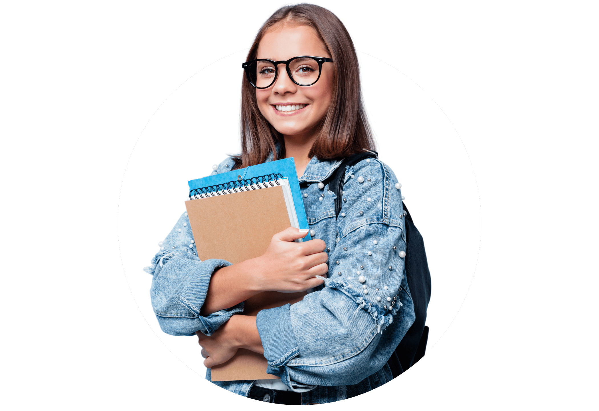 Smiling female teacher holding a clipboard, posed in front of a light blue background.