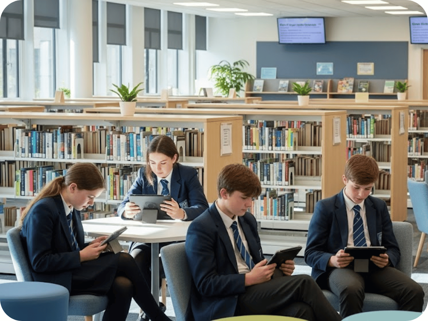 MAT Students Reading eBooks on Tablets in the School Library