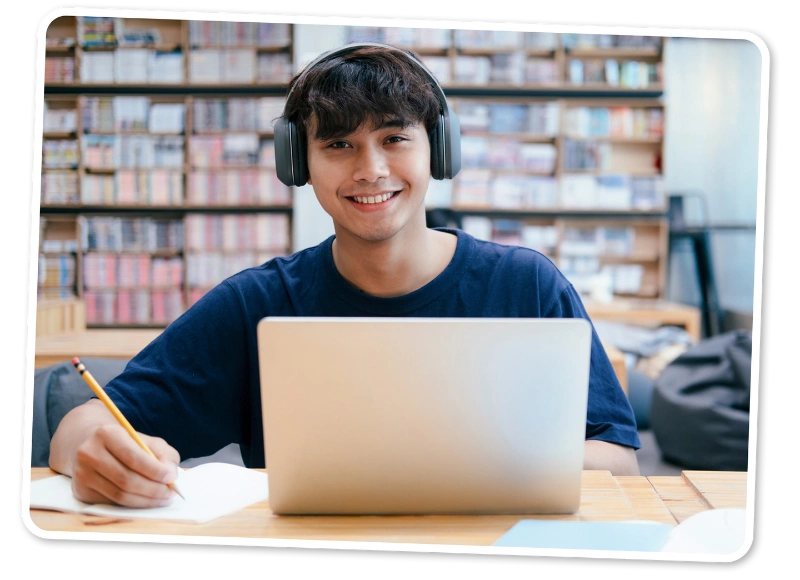 Student using audiobooks for class reading and independent listening