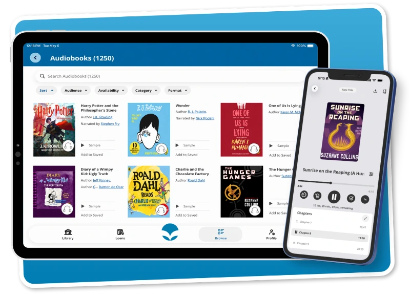 ePlatform audiobook library showing a selection of school titles on desktop and mobile